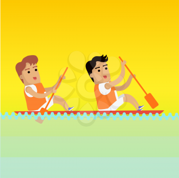 Canoe rowing, sports banner. Two man in orange sports uniform rowing in canoe on river. Species of event. Vector background for web, print and other projects. Summer games background.
