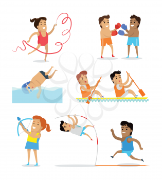 Sports icons set. Olympic species of events. Running, swimming, gymnastics, boxing, athletics, rowing, archery. Vector pictograms for web, print and other projects Summer olympic games symbols