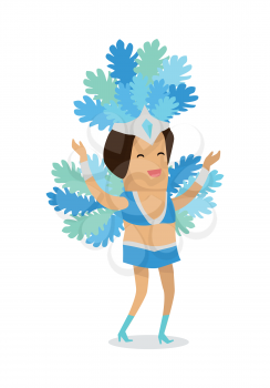 Smiling woman in blue carnaval costume with plumage. Carnival party. Carnival dancer. Woman samba dancer. Rio carnival. Carnival girl. Isolated vector illustration in flat design.