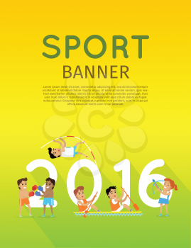 Sport banner 2016. Boxing, canoe rowing, pole vault and archery sport discipline. Different sports, athletes, sport competition. Olympic species of event. Summer olympic games background