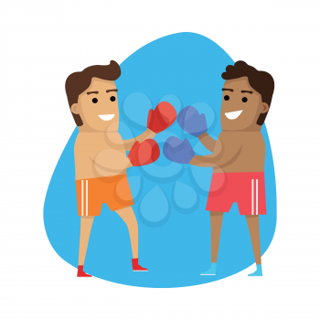 Boxing sport web button. Summer games banner. Competitions, achievements, best results. Combat sport two people wearing protective gloves throw punches for predetermined time in boxing ring. Vector