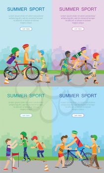 Summer sport banners set. Children going in for sport. Teenagers on playground of the city. Boy skateboarding, roller skate, guy with bike and runner. Active way of life concept. Sportive kids. Vector