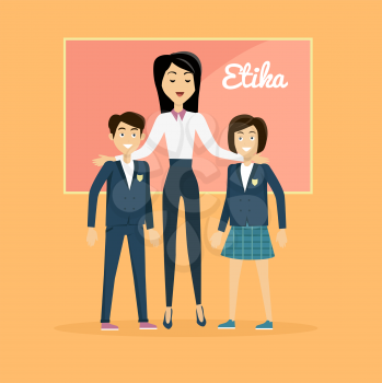 Children education ethics banner flat. Female teacher with his students, a boy and a girl. Child ethical value and teacher woman, school, successful teaching and respectable, vector illustration