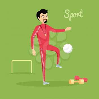 Sport concept vector. Flat design. Man in sportswear playing with ball in football field. Teacher of physical education. School coach. Illustration for sports section, club, team web page design.