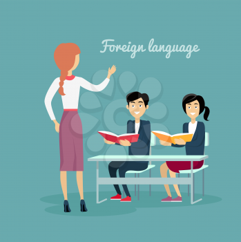Learning a foreign language conceptual banner design flat style. Teacher woman teaches children. Children listen attentively while sitting at their desks with book in hand. Vector illustration