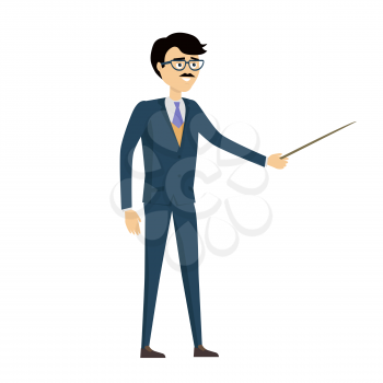 School teacher vector.  Flat design. Man character in suit and tie standing with pointer. Lecturer, professor, instructor, businessman illustration for educational concepts, courses, trainings ad.
