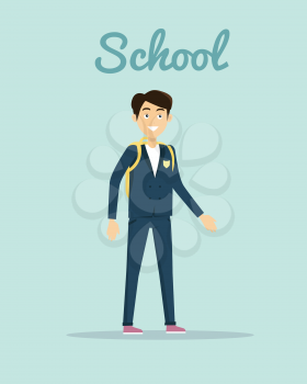 School vector illustration in flat design. Smiling pupil boy in school uniform with backpack standing on white background. Children education, school years, students clothes style illustrating.  