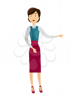 School teacher in green blouse and red skirt. Smiling teacher with empty hands on one side. Learning process. Stand in front. Teacher isolated character. School personage. Vector illustration
