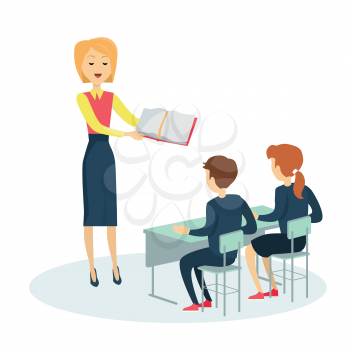 Smiling teacher with textbook in hand before pupils in classroom. Pupils sitting at a school desk. Studying in classroom. Pupils in school uniform. Learning process. Schoolgirl and schoolboy personage