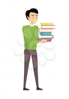 Brunet school teacher in green pullover and gray pants with stack of books. Smiling man with books. Stand in front. Learning process. Teacher isolated character. School personage. Vector illustration