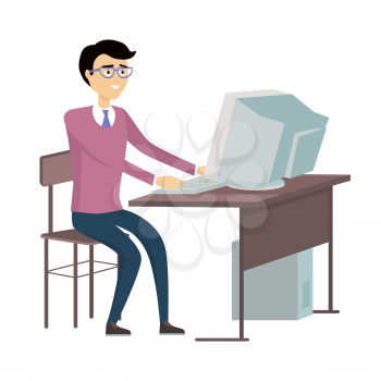 Man in glasses working with desktop computer. Man in purple sweater and and blue pants sitting at the table with computer. Isolated object in flat design on white background. Vector illustration