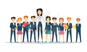 Teachers day celebration. Young teacher with pupils. Back to school. Primary education. World Book Day. Awareness professor with appreciated students. Education concept. Vector illustration.