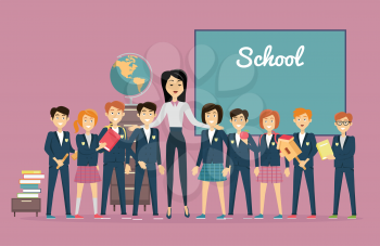 Teachers day. Young teacher with pupils near the chalkboard. Word school written on the blackboard. Back to school. Primary education. World Book Day. Education concept. Vector illustration.