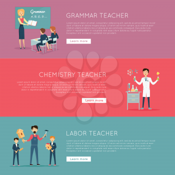 Educational concept. Set of banners with different teaches professions. Grammar, Chemistry, Labour. Professional education. Website design template in flat. Banner, landing page. Vector illustration.