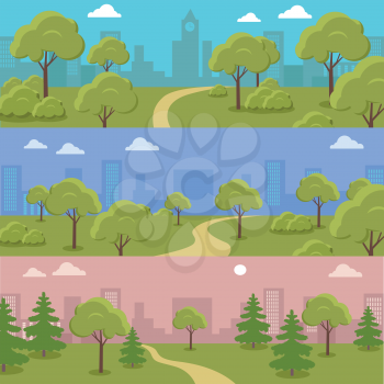 Set of city park vector horizontal concepts. Flat design. Trees, bushes and track on lawn with cityscape on background. Gardening art, green recreational areas for sports and leisure illustrating. 