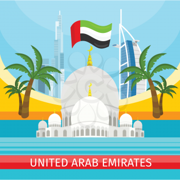 United Arab Emirates travelling banner. Landscape with traditional arabic landmarks. Skyscrapers and private buildings. Nature and architecture. Part of series of travelling around the world. Vector