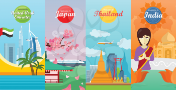 Welcome to India, United Arab Emirates, Thailand, Japan travel posters. Time to travel. Natural landscape. Travel composition with famous landmarks. Set of travel poster design. Vertical banners.