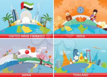 Welcome to Japan, Thailand, India, United Arab Emirates. Set of traveling advertisement banners. Landmarks of the well known asian places of interest on your photo. Vector illustration