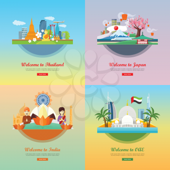 Welcome to Japan, Thailand, India, United Arab Emirates. Set of traveling advertisement banners. Landmarks of the well known asian places of interest on your photo. Vector illustration