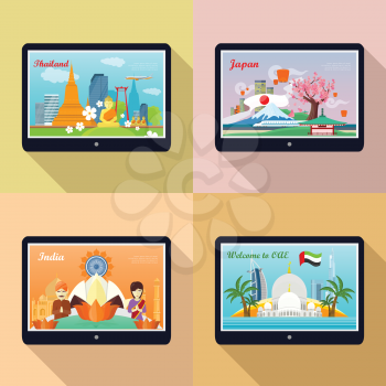 Set of traveling advertisement banners. Welcome to Japan, Thailand, India, United Arab Emirates. Landmarks of the well known asian places of interest on your tablet display. Vector illustration