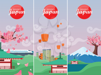 Japan travelling banners set. Landscape with traditional Japanese landmarks. Skyscrapers and private buildings. Sky lanterns. Nature and architecture. Part of series of travelling around world. Vector
