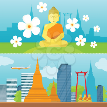 Set of Thailand tourism poster design with attractions. Horizontal banner with cityscape, buddha, pagoda, flowers. Thailand landmark. Thailand travel poster design in flat. Travel composition.