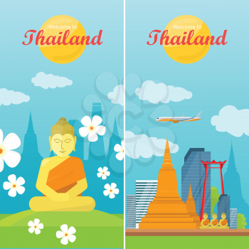 Thailand travelling banner. Landscape with traditional Thai landmarks. Thai god Buddha. Yoga zen. Indian, Buddhism, spiritual art, esoteric. Asian religion buddha statue with calm face. Vector