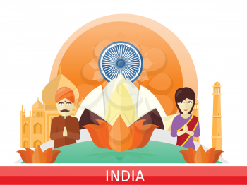 India tourism poster design with attractions. Time to travel. India landmark. Indians in traditional dress. Taj Mahal and lotus sign. India travel poster. Travel composition with famous landmarks.