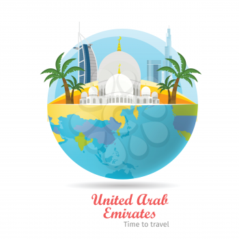 United Arab Emirates tourism poster design with attractions on the background of the globe. Time to travel. Emirates landmark. Emirates travel poster design. Travel composition with famous landmarks.