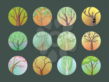 Vector trees set. Collection of trees. Oak, birch, sakura, planetree, maple,citrus, apple, pine. Cartoon style trees. Editable element for your design. Part of series of different trees Vector