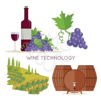 Wine technology icon set. Bottle of wine, beaker, vineyard, wooden barrels. Vinification enology. Check elite vintage red vine. Part of series of viniculture production and preparation items. Vector