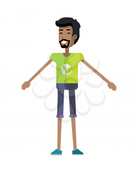 Smiling man with branch and leaves emblem on clothes, standing as part of human chain. Ecologist, environmentalist, nature protection activist or volunteer illustration. Flat design. Earth day.