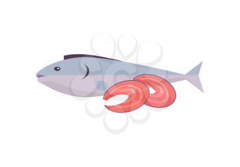 Salmon fish vector Illustration. Flat style design. Fresh seafood concept. Fish with red meat sliced on pieces. 	illustration for grocery shop, market, signboards, menu, logo, icons. 