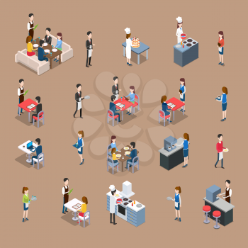 Set of restaurant personnel, customers icons. Vector in isometric projection. Waiter at the table, visitors eating and ordering dinner, chef cooks in kitchen, barman making coffee. For ad, app, game