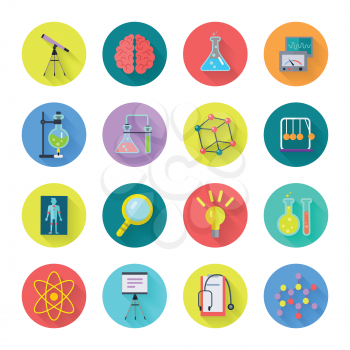 Collection of scientific vector icons. Flat design. Laboratory tools, atomic lattice, loupe, bulb, brain illustrations for scientific, educational, medical concepts, app buttons. Isolated on white