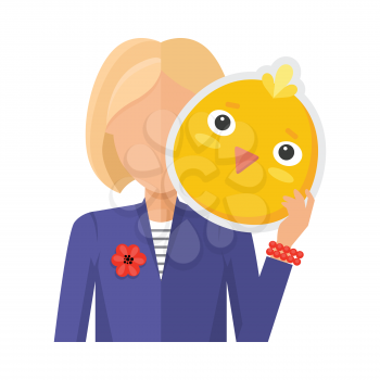 Blonde woman character in suit with chicken mask in hand vector. Flat design. Masquerade animal clothing and party costume. Psychological portrait and hidden personality. Isolated on white background