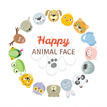 Happy animal face logos collection. Cute heads set. Cartoon masks for masquerade, holiday, festival, halloween. Icons sticker of forest characters for pet shop. Isolated object in flat design. Vector