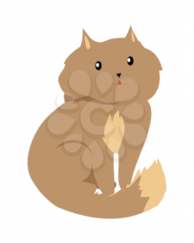 Cat isolated on white. Domestic cat, feral cat, house cat is a small, typically furry, carnivorous mammal. Sticker for children. Fluffy little brown kitten. Vector design illustration in flat style.