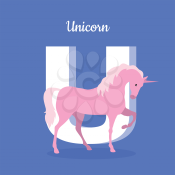 Animals alphabet. Letter - U. Pink unicorn stands near letter. Alphabet learning chart with fantastic character for letter and name. Vector fantastic alphabet with cartoon character on blue background