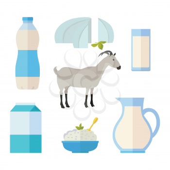 Traditional dairy products from goat s milk. Different dairy products around gray goat on white background. Milk production concept. Dairy icons set. Vector illustration in flat style.