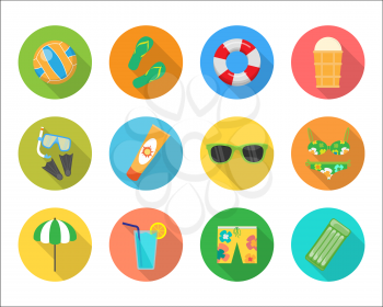 Set of summer vector icons. Volleyball, ice cream, sunglasses, shorts, mattress, drink, parasol, swimsuit, sun cream, rescue circle, mask and fins flat illustrations For app buttons infogpaphic 