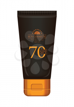 Sun cream professional series. Solar defence. Sun cosmetic. Brown and gold plastic tube for sun block, 70 SPF. Product for body and skin care, beauty, health, freshness, youth. Realistic illustration
