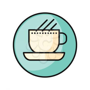 Coffee cup icon. White cup on blue background. Coffee hot drinking cup. Coffee time, break time concept. Hot drink blue icon. Idea concept. Round line icon. Vector illustration.