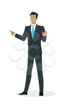 Businessman with black hair in black business suit and blue tie with pointer. Man personage in front. Business presentation concept. Isolated vector illustration on white background.