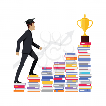 Professional growth. Male young businessman going upstairs on books. Gold trophy cup at the end of the way. Lifelong constant learning. Business education. Getting knowledge without rest. Vector illus