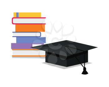 Stack of books and square academic cap. Professional growth. Necessary to get knowledge constantly. Lifelong constant learning. Business education. Getting knowledge without rest. Vector illustration