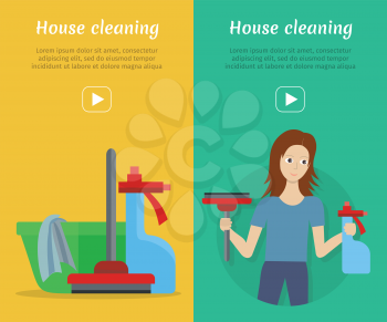 Set of cleaning service web banners. Flat style. House cleaning vector concepts with woman, sprayer and wiper. Illustration with play button for housekeeping online services, sites, video, animation 