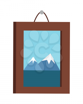 Picture in frame hanging on the wall. Mountain landscape on the picture. Picture frame with natural landscape. Design element for interior. Isolated vector illustration on white background.
