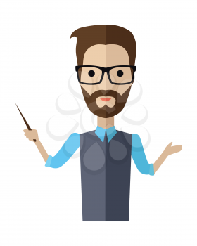 Young man in glasses with pointer. Brown-haired person in blue shirt and gray sweater with beard. Man personage in front. Isolated vector illustration on white background.