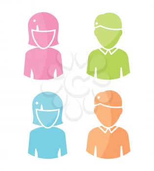 Set of people characters avatar vectors in flat design. Female and male color icons. Illustrations for identity in Internet, concepts, app pictograms, infographic. Isolated on white background. 